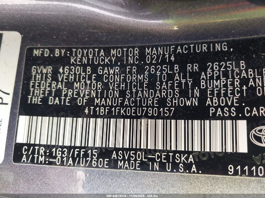 2014 Toyota Camry Se VIN: 4T1BF1FK0EU790157 Lot: 42618316