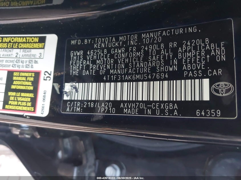 2021 TOYOTA CAMRY VIN: 4T1F31AK6MU547694