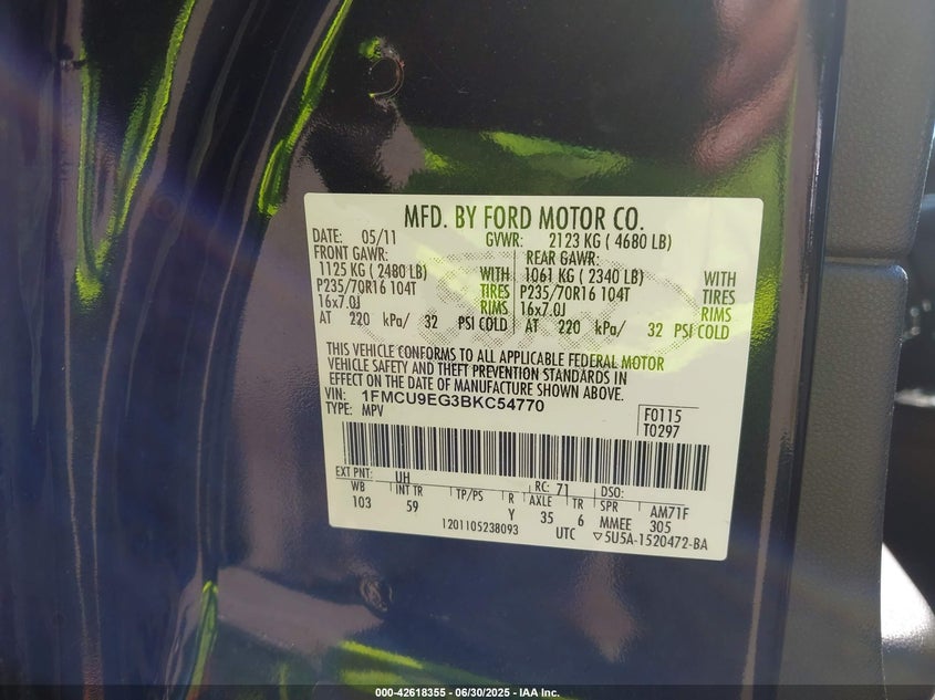 2011 FORD ESCAPE VIN: 1FMCU9EG3BKC54770