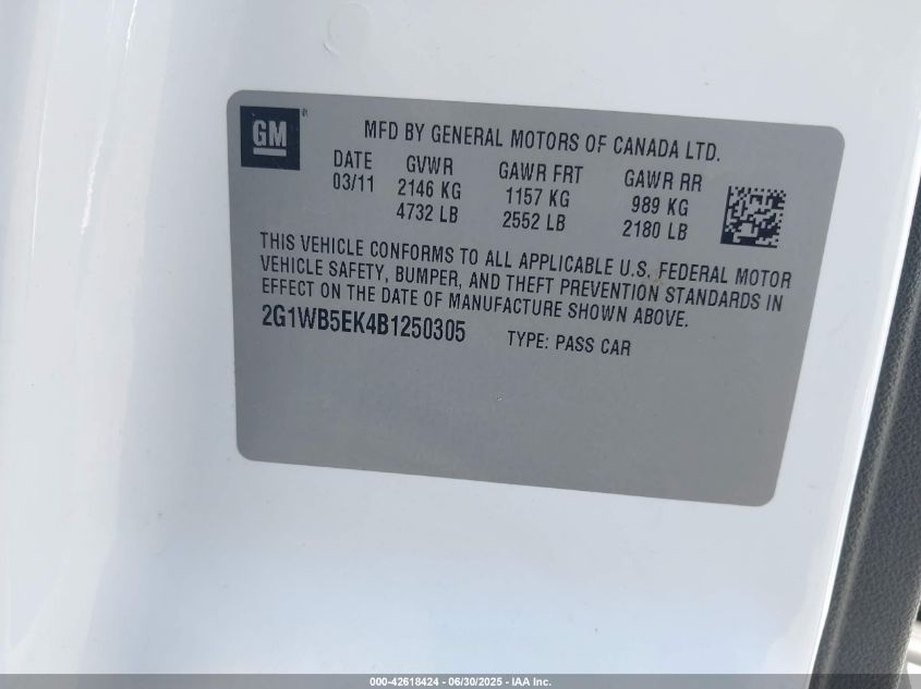 2011 Chevrolet Impala Lt VIN: 2G1WB5EK4B1250305 Lot: 42618424