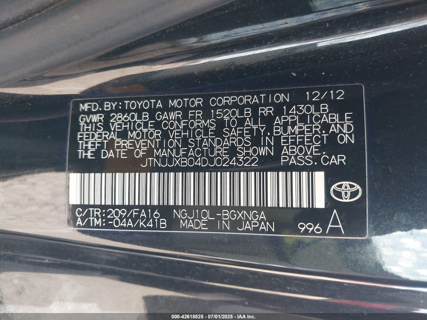 2013 SCION IQ VIN: JTNJJXB04DJ024322