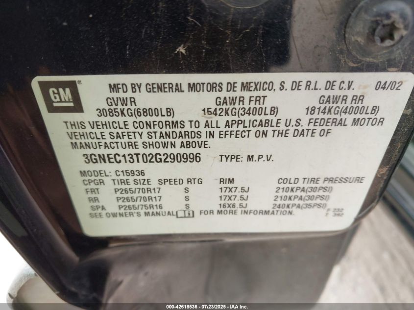 2002 Chevrolet Avalanche 1500 VIN: 3GNEC13T02G290996 Lot: 42618536