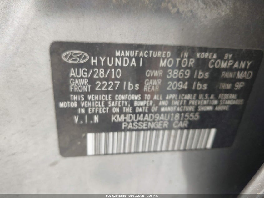 2010 HYUNDAI ELANTRA VIN: KMHDU4AD9AU181555