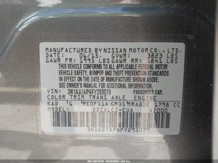 2015 Nissan Sentra S VIN: 3N1AB7AP4FY293079 Lot: 42618700