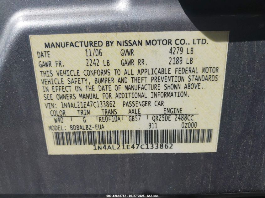 2007 Nissan Altima 2.5 S VIN: 1N4AL21E47C133862 Lot: 42618757