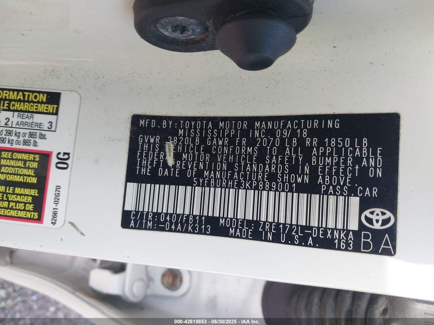 2019 TOYOTA COROLLA VIN: 5YFBURHE3KP889001