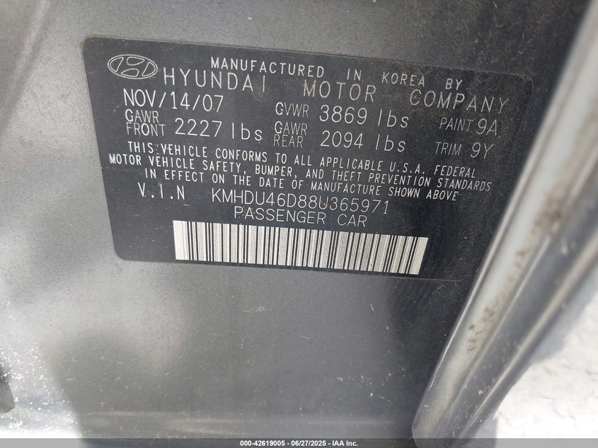 2008 HYUNDAI ELANTRA VIN: KMHDU46D88U365971