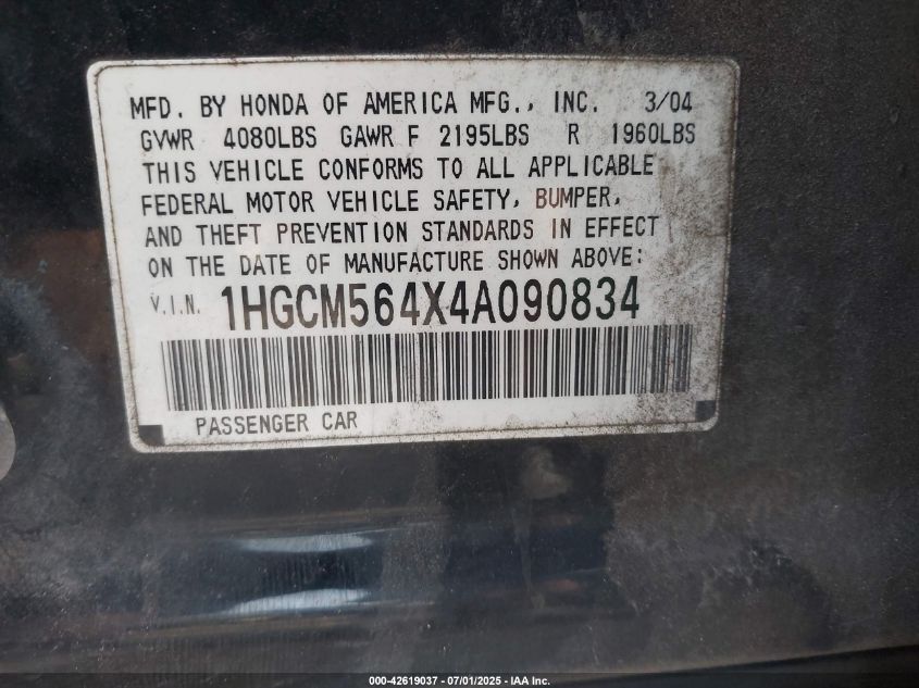 2004 Honda Accord 2.4 Lx VIN: 1HGCM564X4A090834 Lot: 42619037