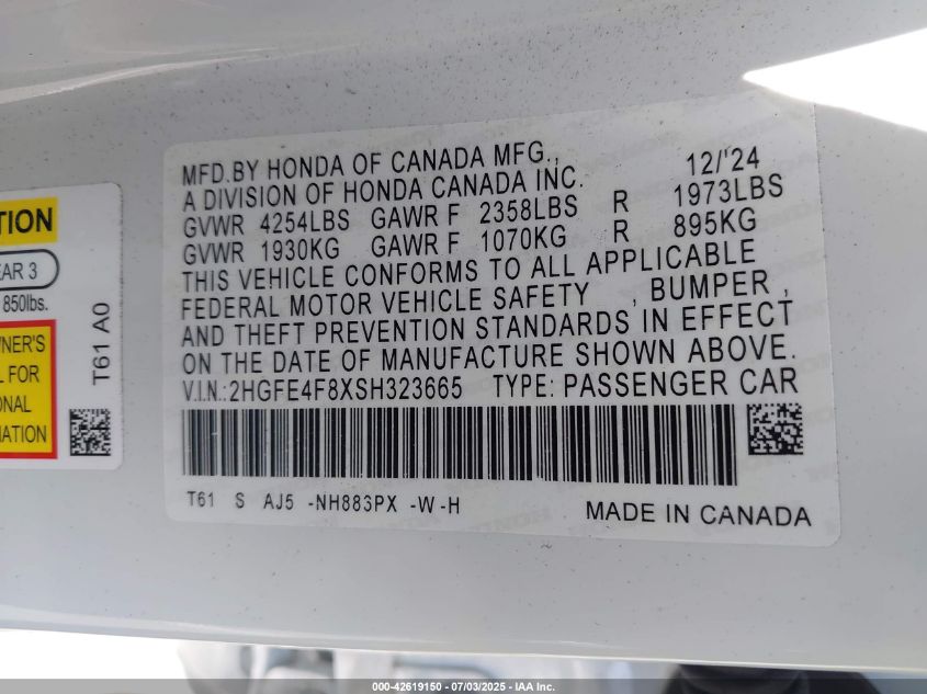2025 Honda Civic Hybrid Sport/Sport Touring VIN: 2HGFE4F8XSH323665 Lot: 42619150