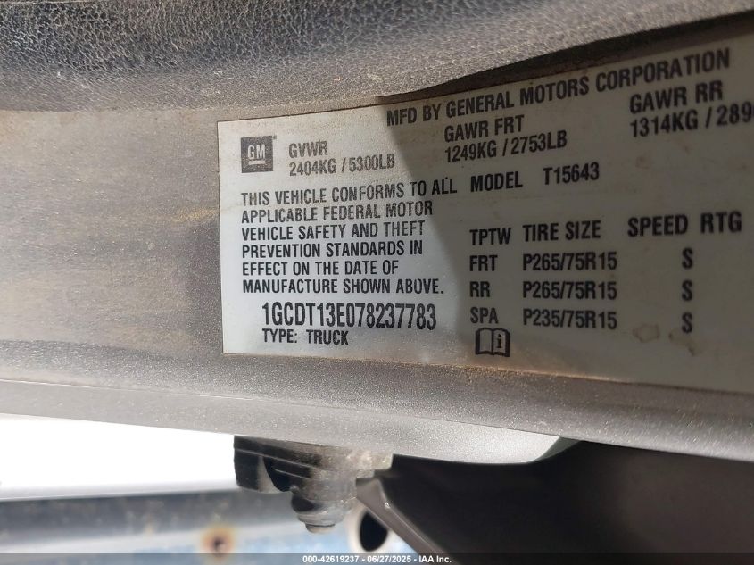 2007 Chevrolet Colorado Lt VIN: 1GCDT13E078237783 Lot: 42619237