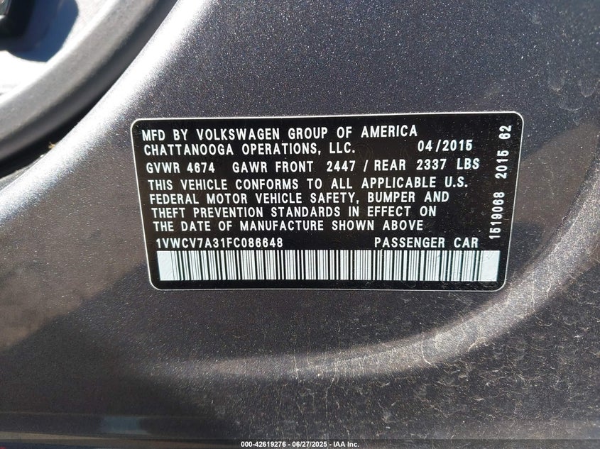 2015 VOLKSWAGEN PASSAT 2.0L TDI SEL PREMIUM - 1VWCV7A31FC086648