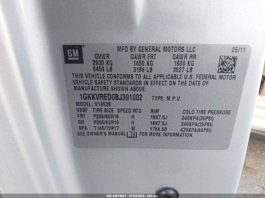 2011 GMC Acadia Slt-1 VIN: 1GKKVRED0BJ391002 Lot: 42619501