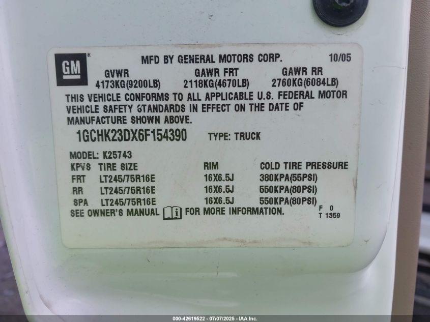 2006 Chevrolet Silverado 2500Hd Lt1 VIN: 1GCHK23DX6F154390 Lot: 42619522