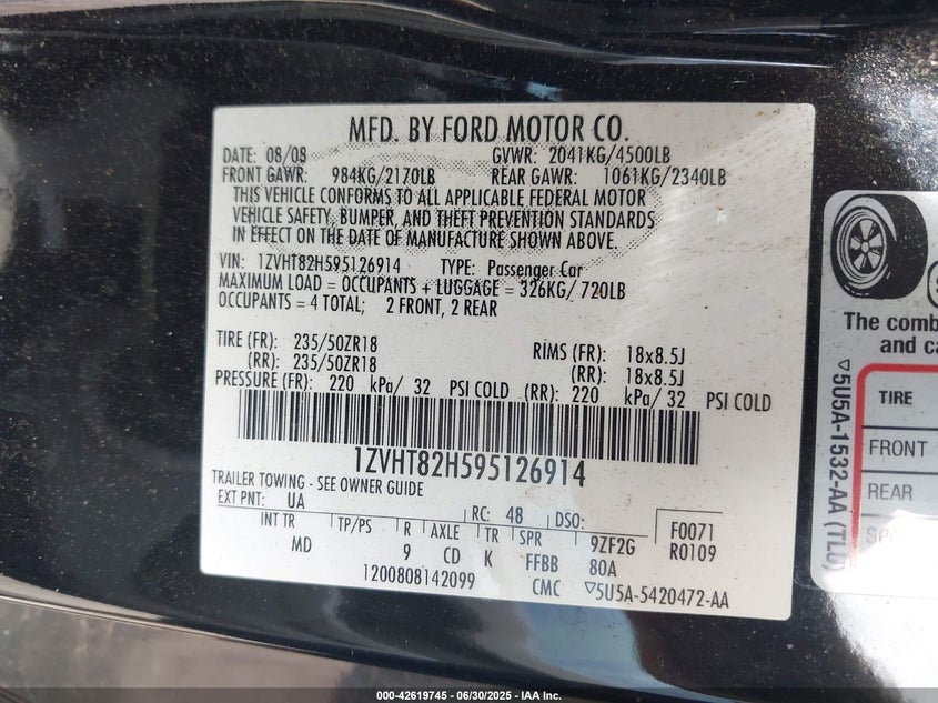 2009 FORD MUSTANG VIN: 1ZVHT82H595126914