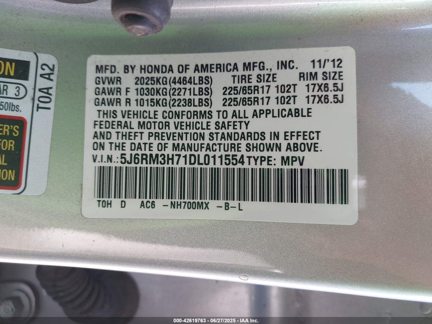 2013 HONDA CR-V EX-L - 5J6RM3H71DL011554