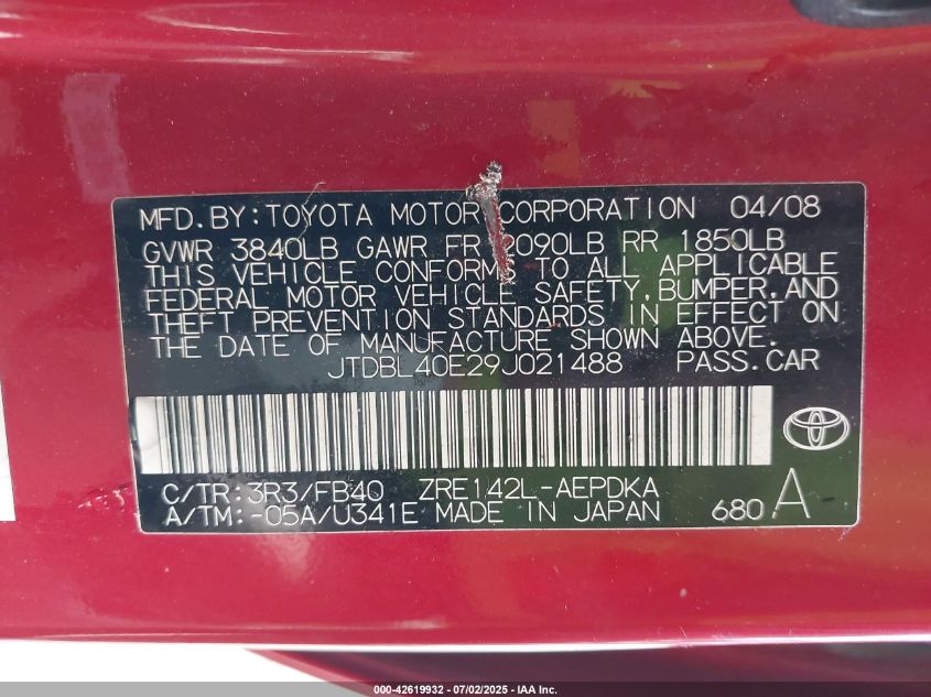 2009 Toyota Corolla Le/S/Xle VIN: JTDBL40E29J021488 Lot: 42619932