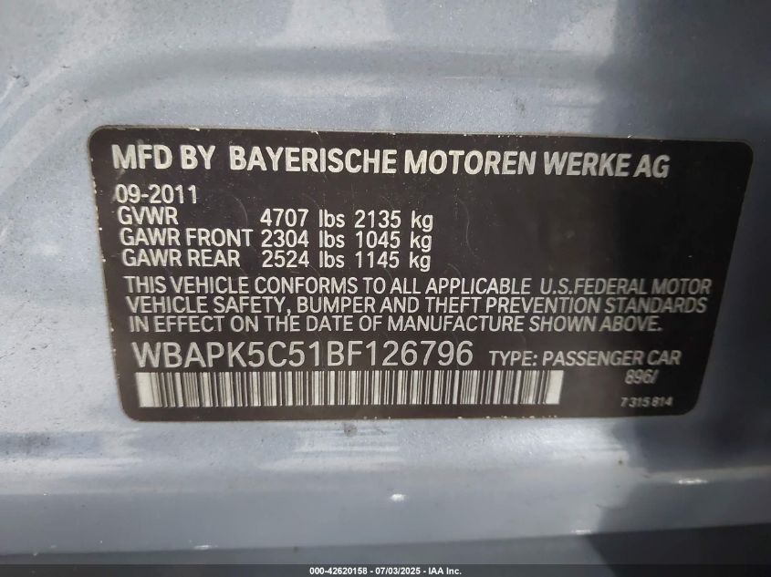 2011 BMW 328I xDrive VIN: WBAPK5C51BF126796 Lot: 42620158