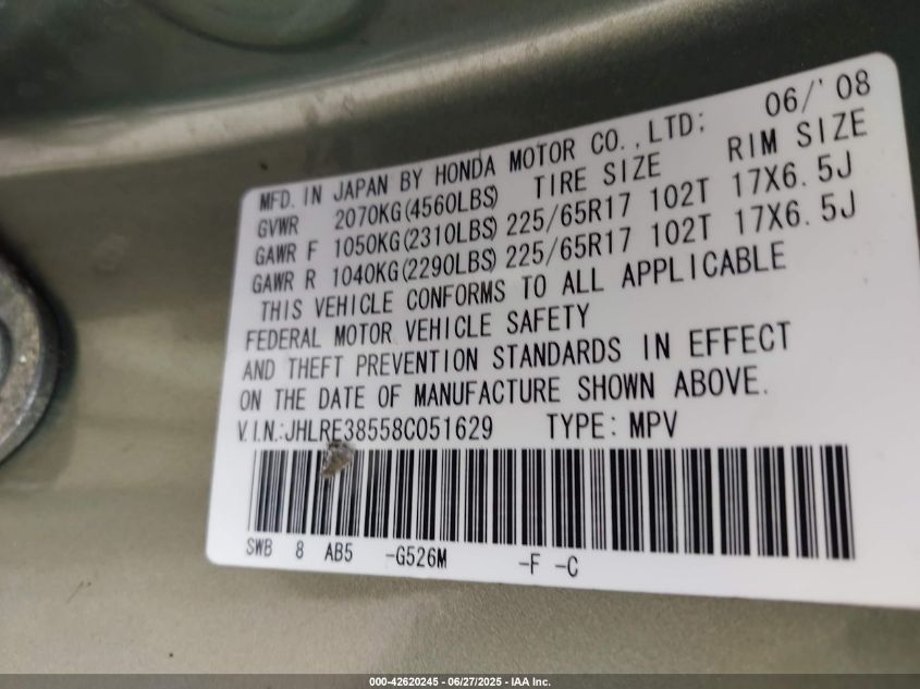 2008 Honda Cr-V Ex VIN: JHLRE38558C051629 Lot: 42620245