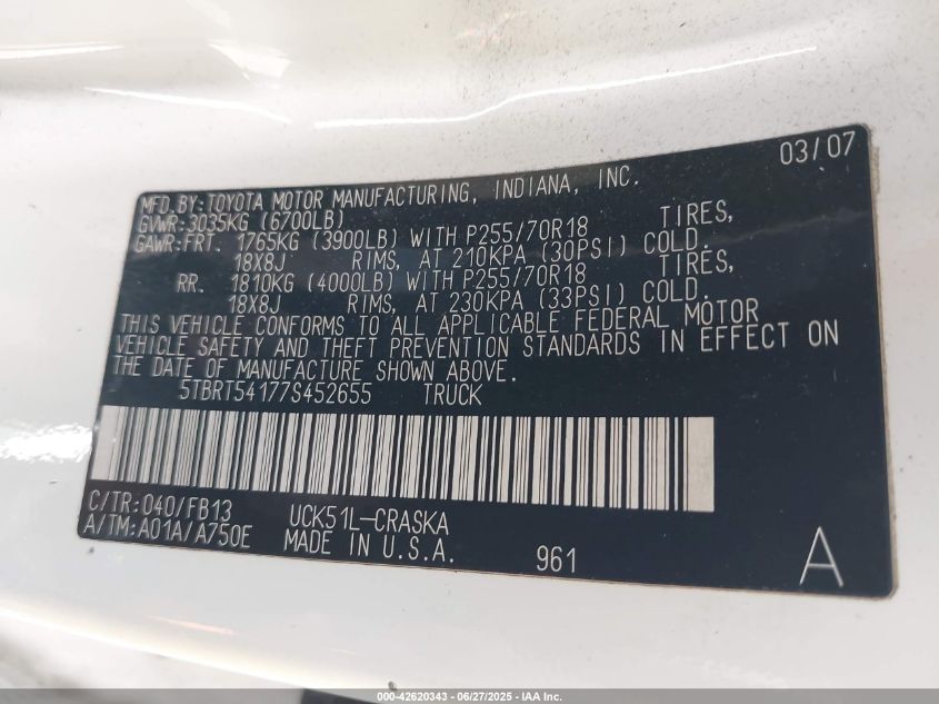 2007 Toyota Tundra Sr5 4.7L V8 VIN: 5TBRT54177S452655 Lot: 42620343