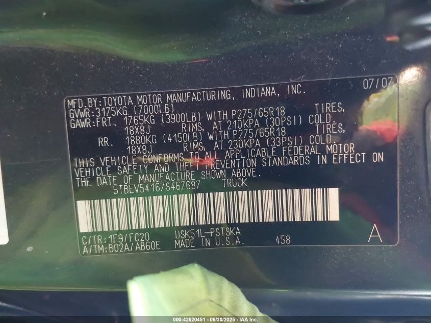 2007 Toyota Tundra Sr5 5.7L V8 VIN: 5TBEV54167S467687 Lot: 42620451