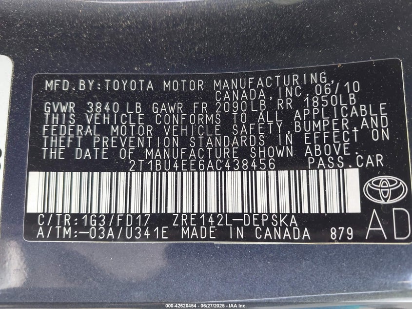 2010 TOYOTA COROLLA VIN: 2T1BU4EE6AC438456