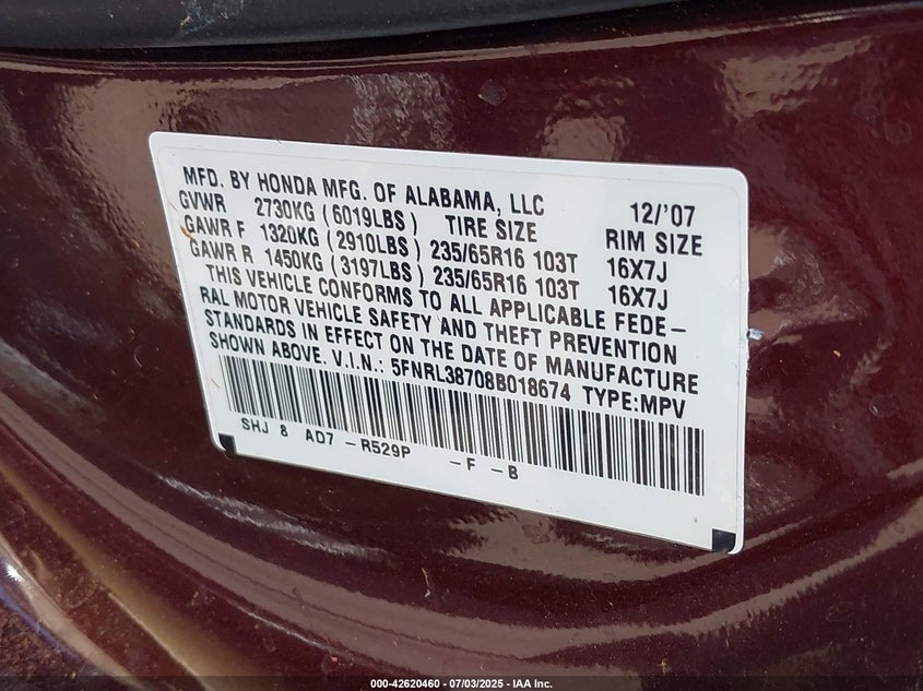 2008 Honda Odyssey Ex-L VIN: 5FNRL38708B018674 Lot: 42620460