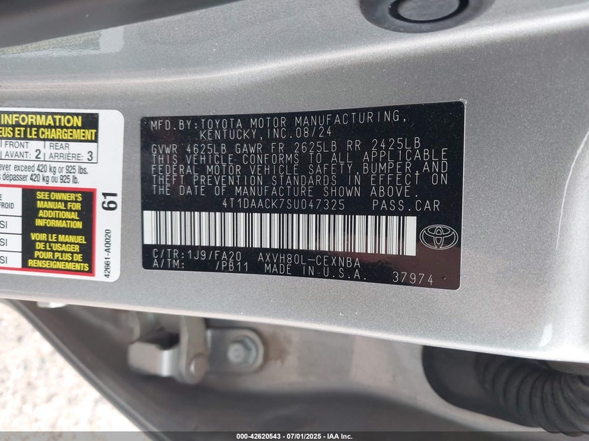 2025 TOYOTA CAMRY 2.5L I-4 DI, DOHC, V(VIN: 4T1DAACK7SU047325