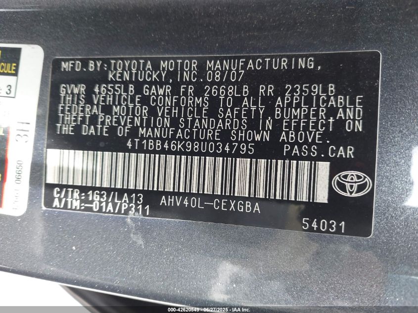 2008 Toyota Camry Hybrid VIN: 4T1BB46K98U034795 Lot: 42620549
