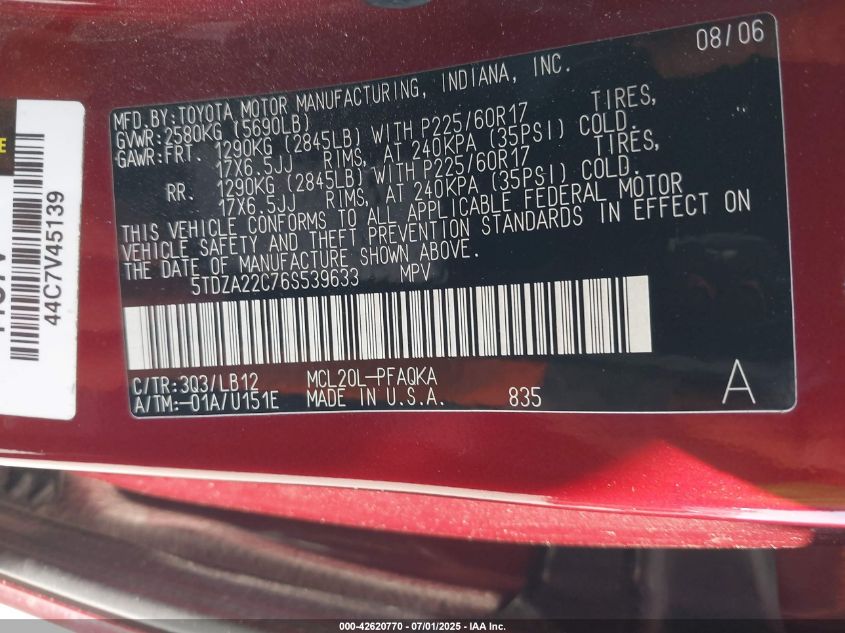 2006 Toyota Sienna Xle VIN: 5TDZA22C76S539633 Lot: 42620770