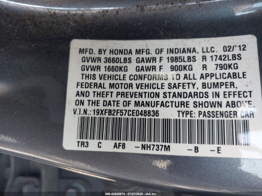 2012 Honda Civic Lx VIN: 19XFB2F57CE048836 Lot: 42620874