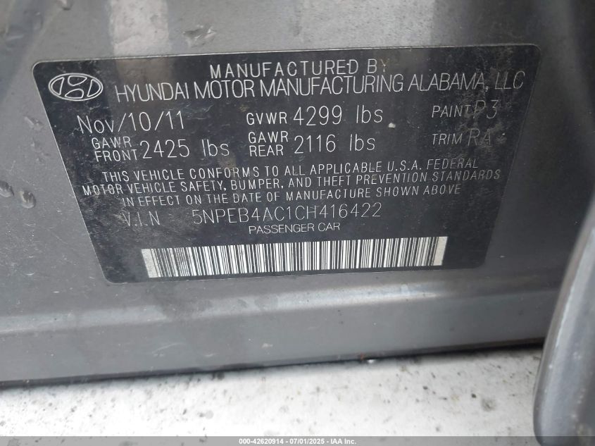 2012 Hyundai Sonata Gls VIN: 5NPEB4AC1CH416422 Lot: 42620914