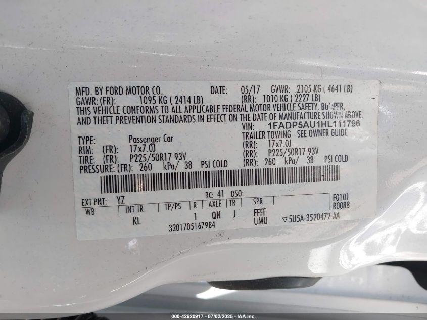 2017 Ford C-Max Hybrid Se VIN: 1FADP5AU1HL111796 Lot: 42620917