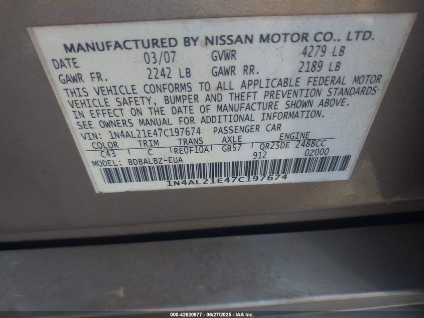 2007 Nissan Altima 2.5 S VIN: 1N4AL21E47C197674 Lot: 42620977