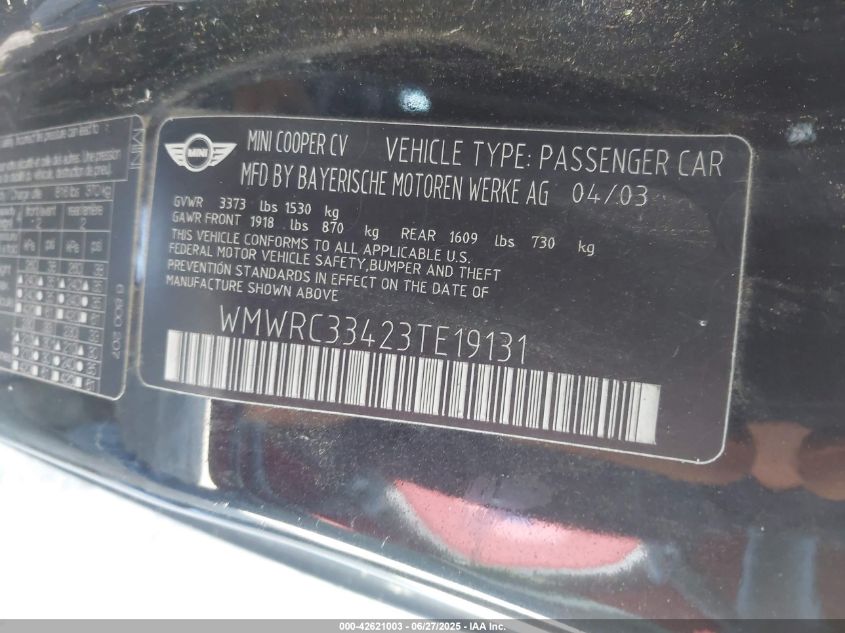 2003 Mini Cooper VIN: WMWRC33423TE19131 Lot: 42621003