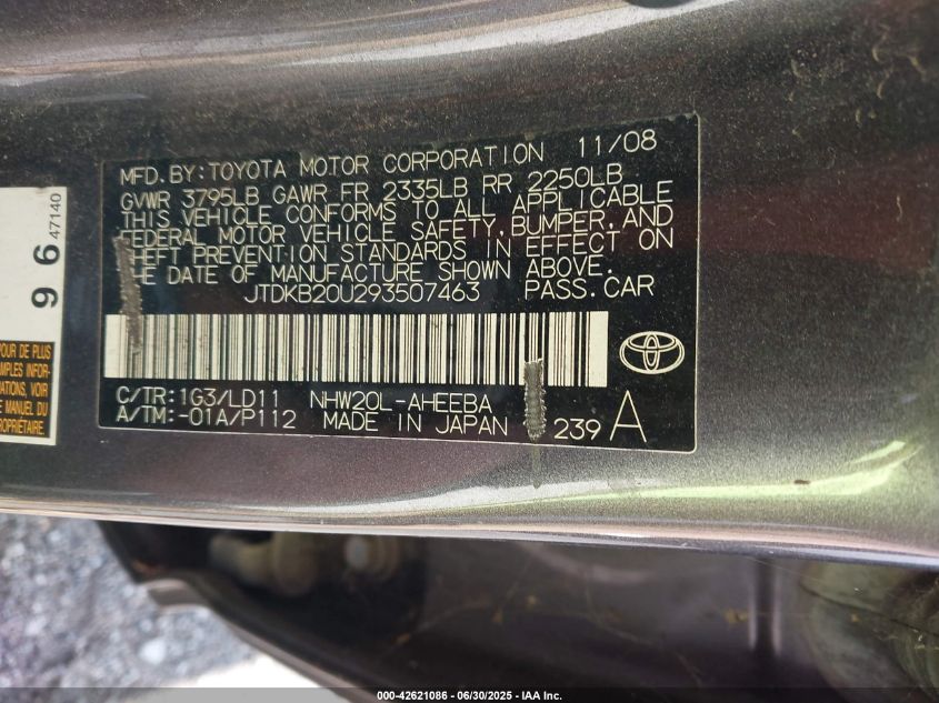 2009 Toyota Prius Touring VIN: JTDKB20U293507463 Lot: 42621086