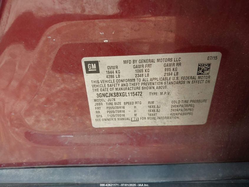 2016 Chevrolet Trax 1Ls VIN: 3GNCJKSBXGL115472 Lot: 42621171