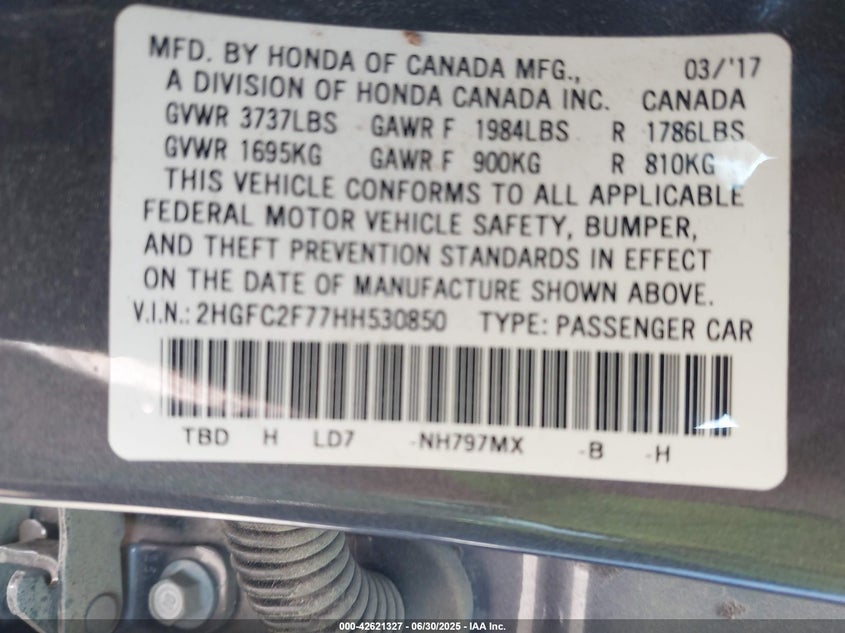 2017 HONDA CIVIC EX - 2HGFC2F77HH530850