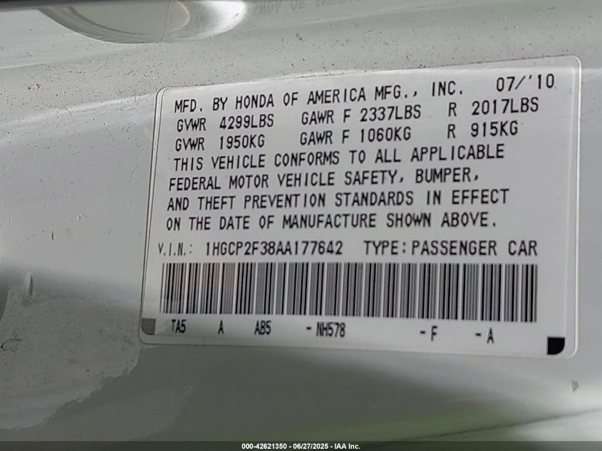 2010 Honda Accord 2.4 Lx VIN: 1HGCP2F38AA177642 Lot: 42621350
