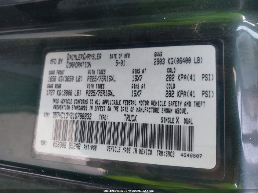 2001 Dodge Ram 1500 VIN: 3B7HC13Y81G788833 Lot: 42621385