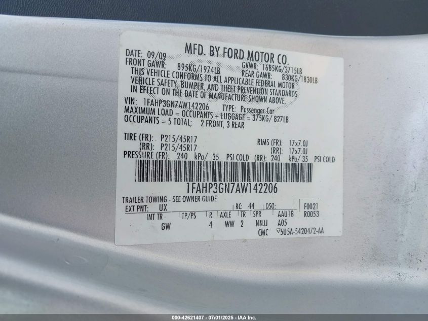 2010 Ford Focus Ses VIN: 1FAHP3GN7AW142206 Lot: 42621407