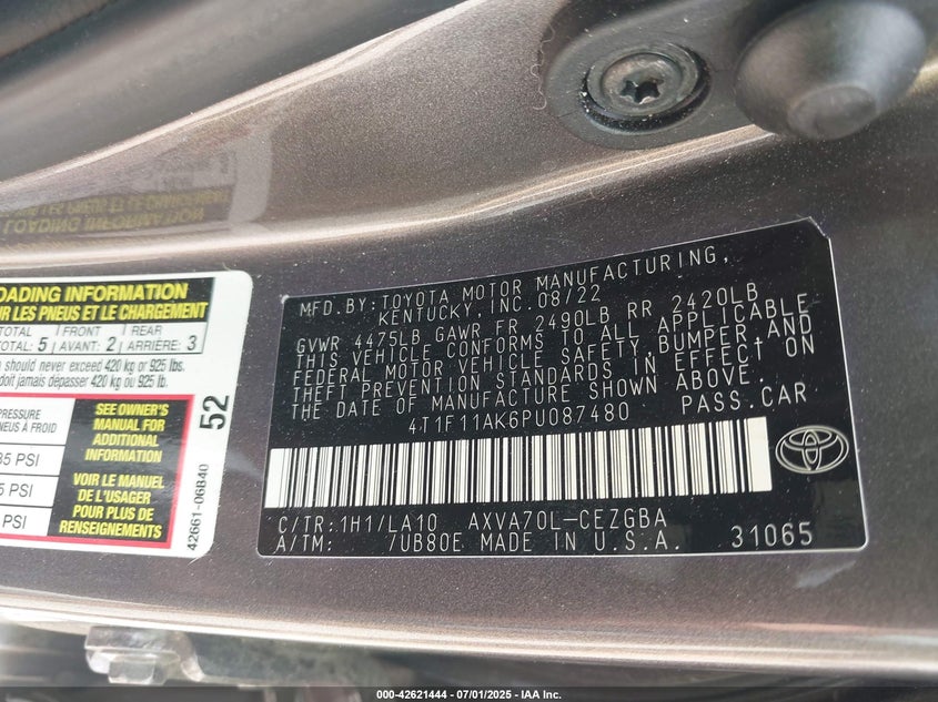 2023 TOYOTA CAMRY VIN: 4T1F11AK6PU087480