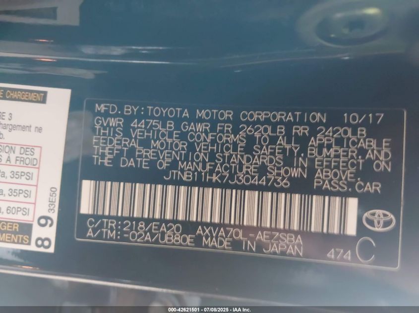 2018 Toyota Camry Se VIN: JTNB11HK7J3044736 Lot: 42621501