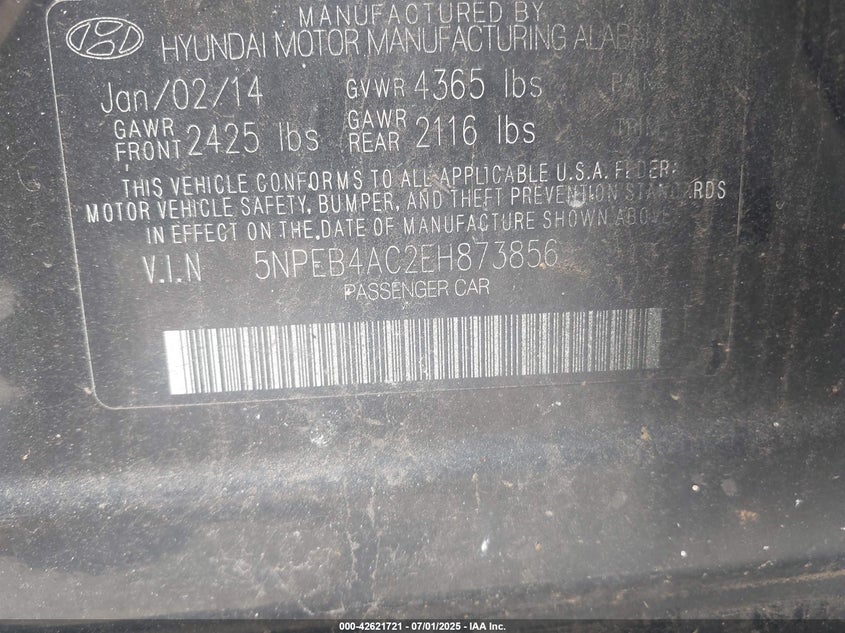 2014 HYUNDAI SONATA VIN: 5NPEB4AC2EH873856