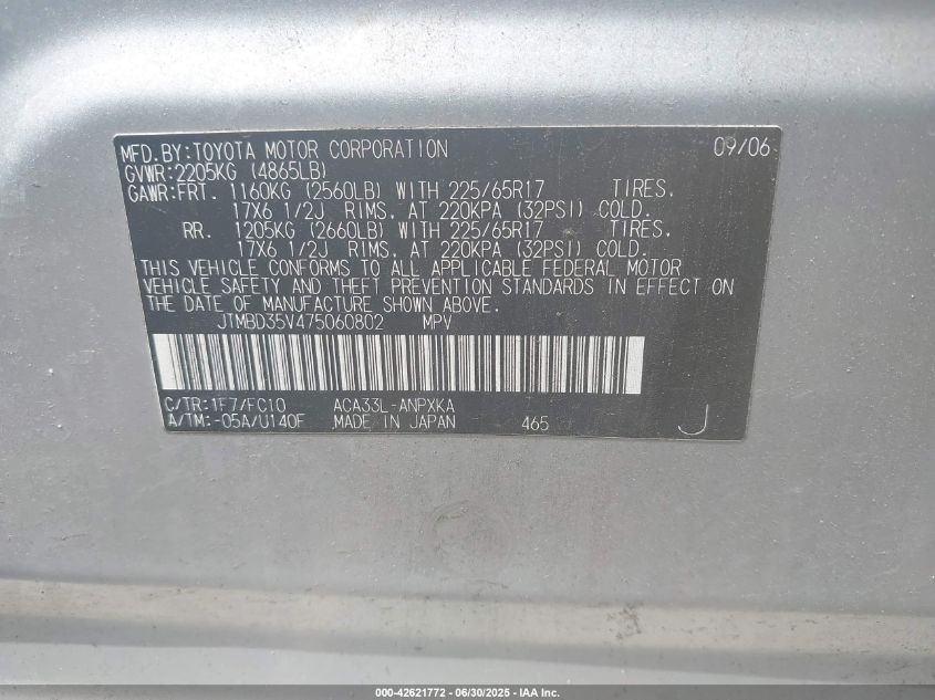 2007 Toyota Rav4 VIN: JTMBD35V475060802 Lot: 42621772