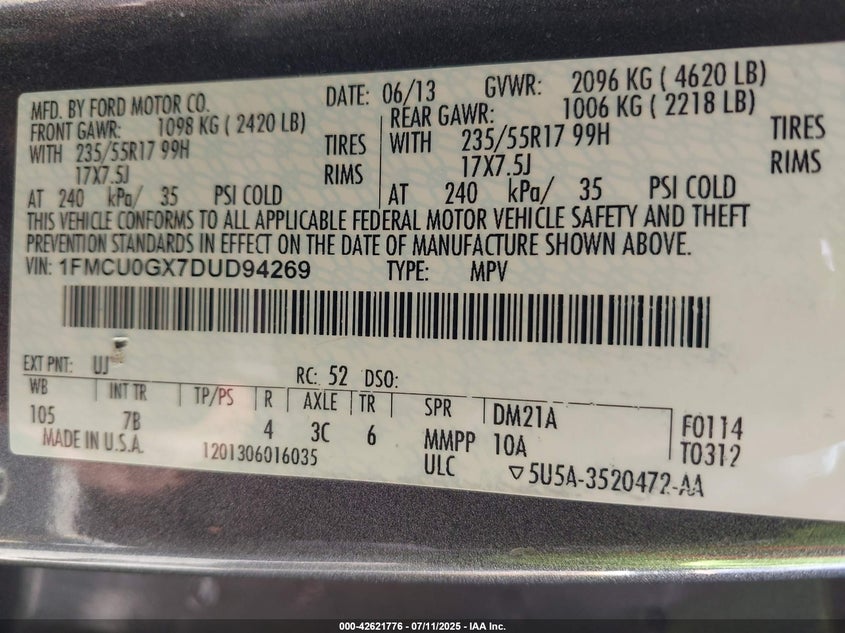 2013 FORD ESCAPE VIN: 1FMCU0GX7DUD94269
