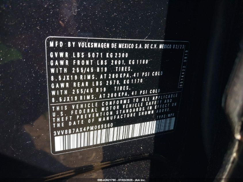 2023 Volkswagen Tiguan 2.0T Se R-Line Black VIN: 3VV8B7AX4PM069560 Lot: 42621790