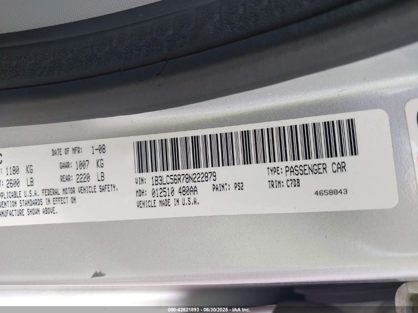 2008 Dodge Avenger VIN: 1B3L356R78N222879 Lot: 42621893