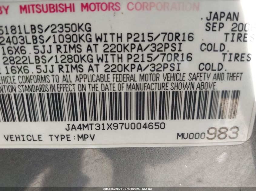 2007 Mitsubishi Outlander Ls VIN: JA4MT31X97U004650 Lot: 42622021