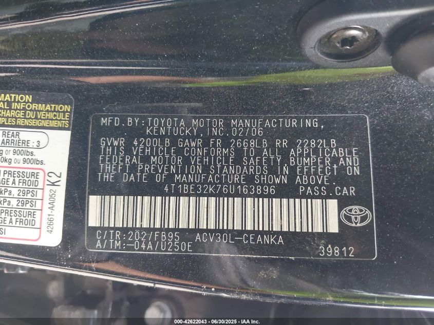 2006 Toyota Camry Le/Se/Std/Xle VIN: 4T1BE32K764163896 Lot: 42622043