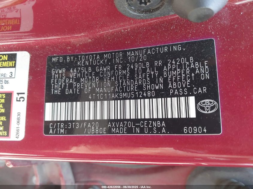 2021 Toyota Camry Le VIN: 4T1C11AK9MU512480 Lot: 42622056